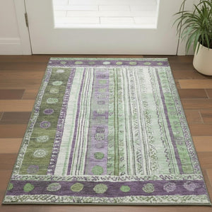 HomeRoots 5' X 8' Stylish Purple Green Ivory Striped Washable Area Rug - Durable, UV Protected & Easy Care! 709542