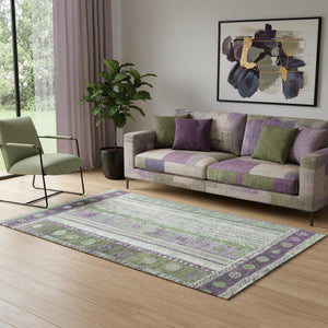 HomeRoots 8' Striped Washable Round Rug in Purple, Green & Ivory - UV Protected, Durable, and Stylish Design 709543