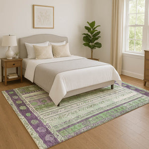 HomeRoots 8' Striped Washable Round Rug in Purple, Green & Ivory - UV Protected, Durable, and Stylish Design 709543