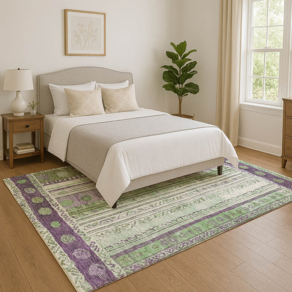 HomeRoots 8' Striped Washable Round Rug in Purple, Green & Ivory - UV Protected, Durable, and Stylish Design 709543