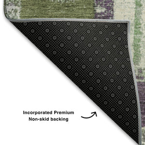 HomeRoots 8' Striped Washable Round Rug in Purple, Green & Ivory - UV Protected, Durable, and Stylish Design 709543