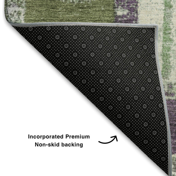 HomeRoots 8' Striped Washable Round Rug in Purple, Green & Ivory - UV Protected, Durable, and Stylish Design 709543