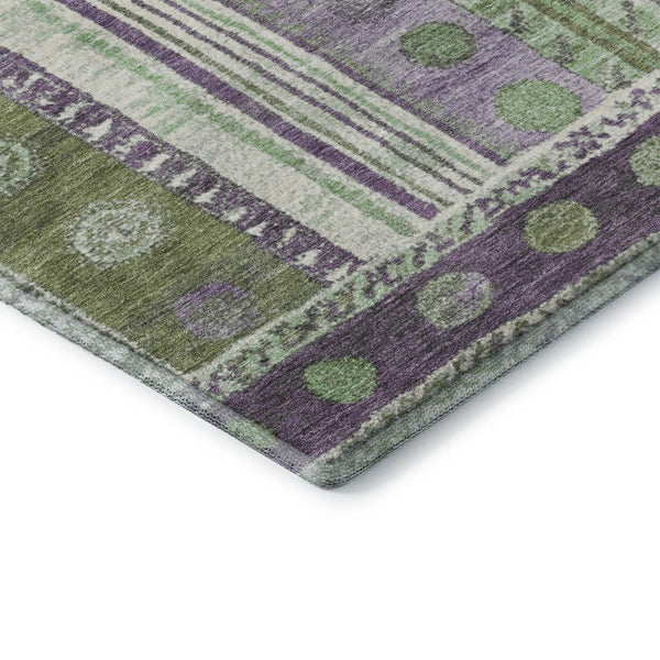 HomeRoots 8' Striped Washable Round Rug in Purple, Green & Ivory - UV Protected, Durable, and Stylish Design 709543
