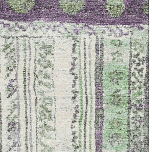 HomeRoots 8' Striped Washable Round Rug in Purple, Green & Ivory - UV Protected, Durable, and Stylish Design 709543
