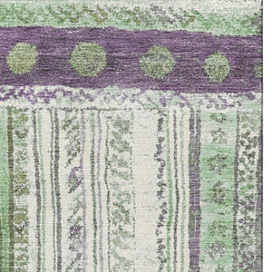 HomeRoots 8' Striped Washable Round Rug in Purple, Green & Ivory - UV Protected, Durable, and Stylish Design 709543