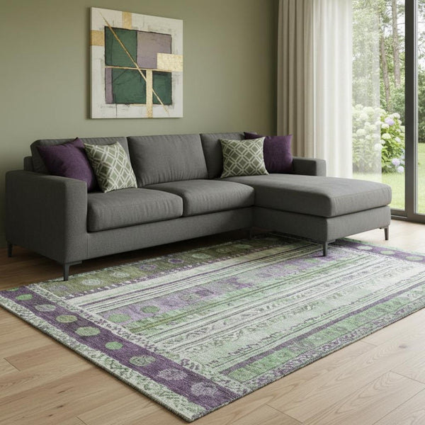 HomeRoots 9' X 12' Washable Striped Area Rug in Bold Purple, Green & Ivory – UV Protected & Stain Resistant! 709545