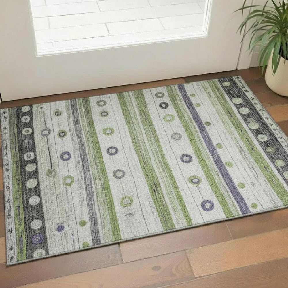 HomeRoots 5' Stylish Artichoke Green, Purple & Ivory Striped Washable Area Rug with UV Protection & Non-Slip Backing 709548