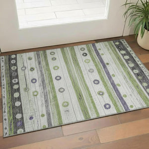 HomeRoots 5' Stylish Artichoke Green, Purple & Ivory Striped Washable Area Rug with UV Protection & Non-Slip Backing 709548