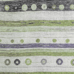 HomeRoots 5' Stylish Artichoke Green, Purple & Ivory Striped Washable Area Rug with UV Protection & Non-Slip Backing 709548