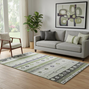 HomeRoots 8' Washable Round Rug in Artichoke Green, Purple & Ivory Stripes – Durable, UV Protected, Stylish Decor 709549