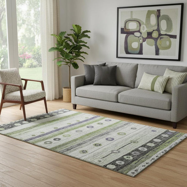 HomeRoots 8' Washable Round Rug in Artichoke Green, Purple & Ivory Stripes – Durable, UV Protected, Stylish Decor 709549