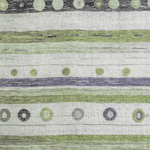 HomeRoots 8' Washable Round Rug in Artichoke Green, Purple & Ivory Stripes – Durable, UV Protected, Stylish Decor 709549