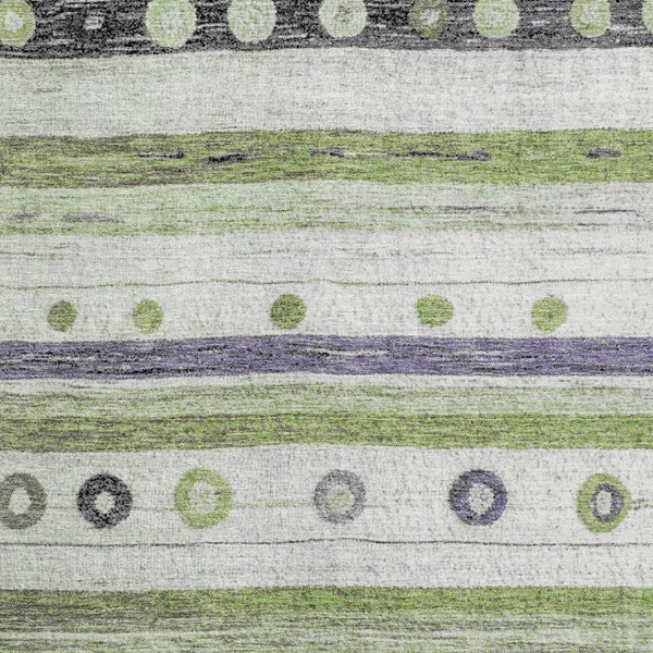 HomeRoots 8' Washable Round Rug in Artichoke Green, Purple & Ivory Stripes – Durable, UV Protected, Stylish Decor 709549