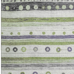 HomeRoots 8' Washable Round Rug in Artichoke Green, Purple & Ivory Stripes – Durable, UV Protected, Stylish Decor 709549