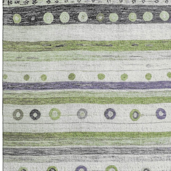 HomeRoots 8' Washable Round Rug in Artichoke Green, Purple & Ivory Stripes – Durable, UV Protected, Stylish Decor 709549
