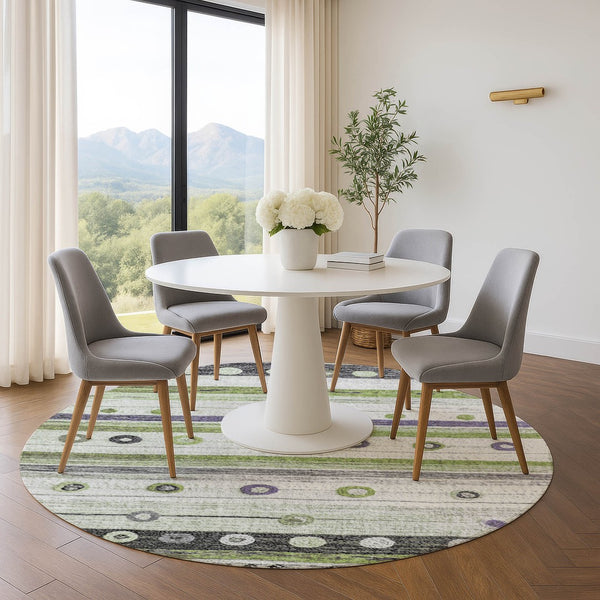 HomeRoots 8' X 10' Artichoke Green, Purple & Ivory Striped Washable Area Rug - UV Protection & Stain Resistant 709550
