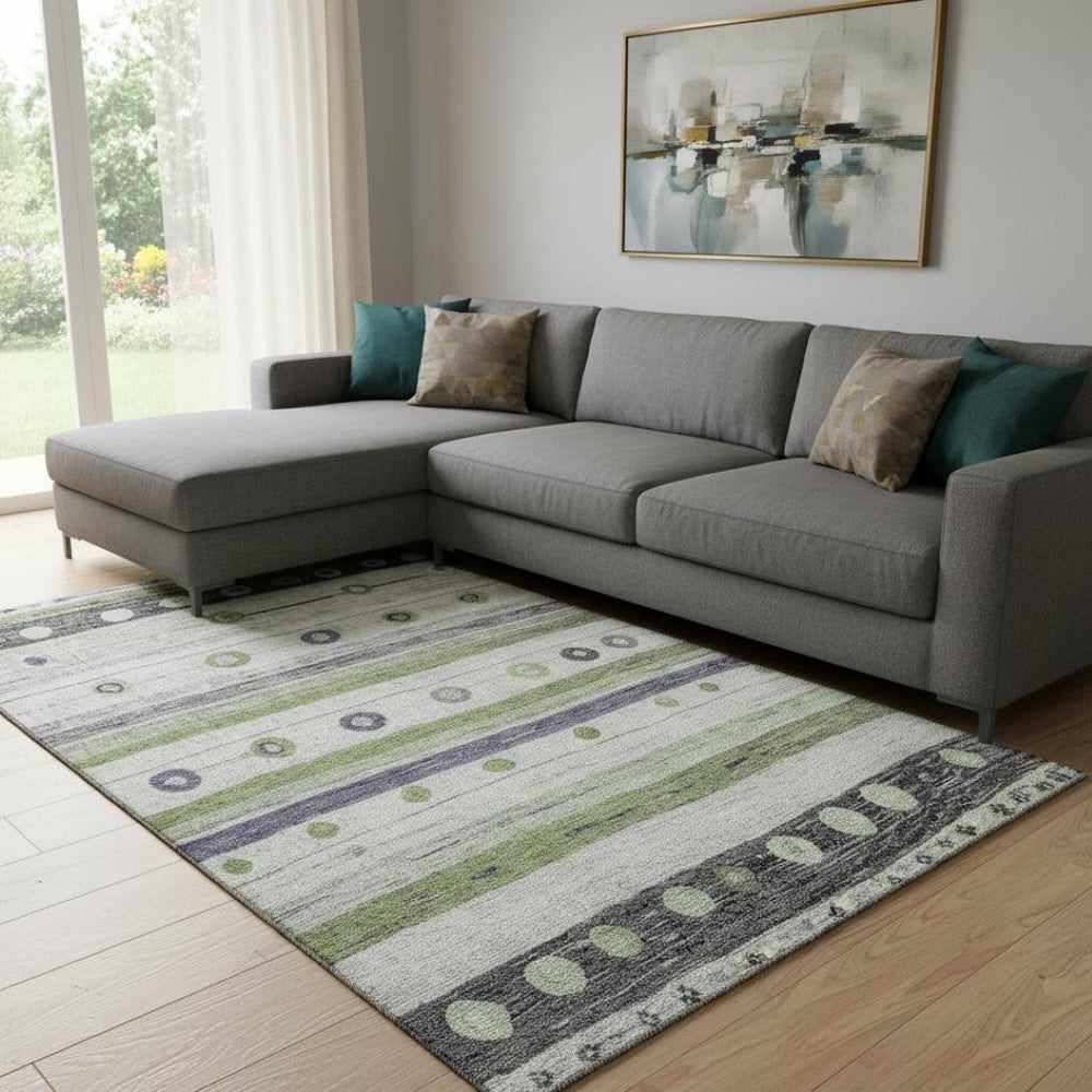 HomeRoots 9' X 12' Artichoke Green Purple Ivory Striped Washable Area Rug - Durable, Stylish, UV Protection! 709551