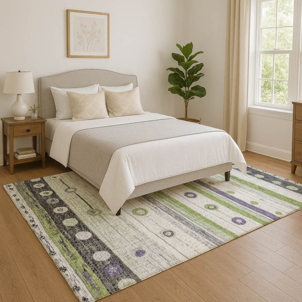 HomeRoots 9' X 12' Artichoke Green Purple Ivory Striped Washable Area Rug - Durable, Stylish, UV Protection! 709551