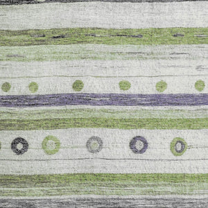 HomeRoots 9' X 12' Artichoke Green Purple Ivory Striped Washable Area Rug - Durable, Stylish, UV Protection! 709551