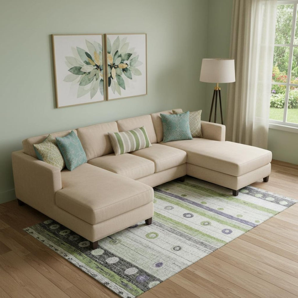 HomeRoots 10' X 14' Striped Area Rug in Artichoke Green, Purple & Ivory - Durable, Washable, UV Protected Design! 709552