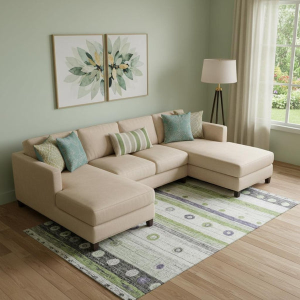 HomeRoots 10' X 14' Striped Area Rug in Artichoke Green, Purple & Ivory - Durable, Washable, UV Protected Design! 709552