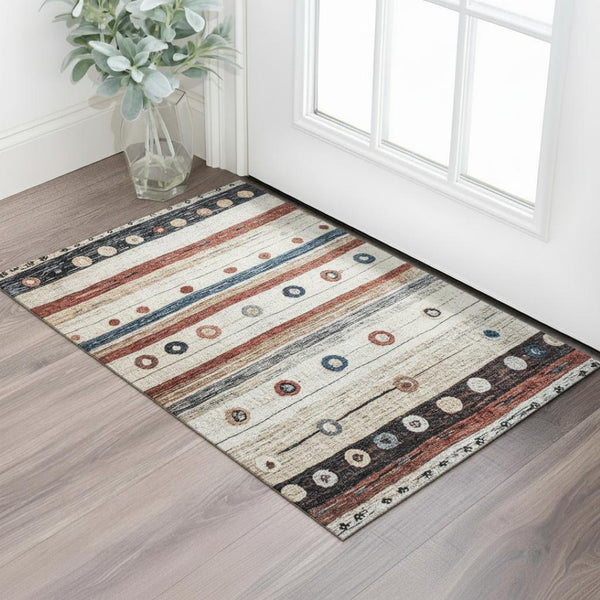 HomeRoots 5' X 8' Beige Striped Area Rug with Rust & Navy Blue Accents - Washable, UV-Protected & Pet-Friendly! 709554