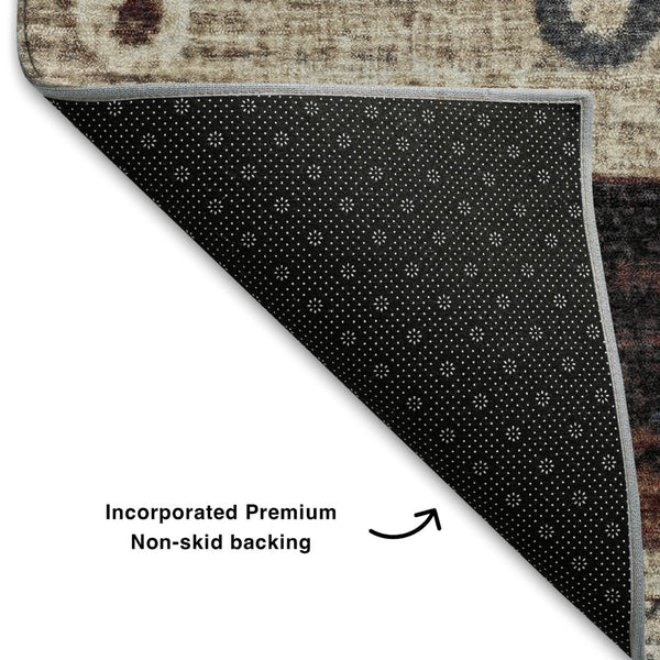 HomeRoots 5' X 8' Beige Striped Area Rug with Rust & Navy Blue Accents - Washable, UV-Protected & Pet-Friendly! 709554