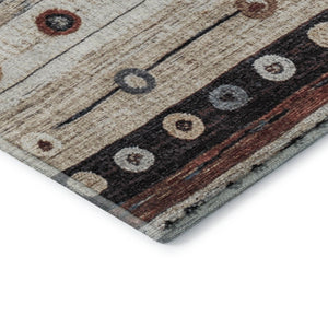 HomeRoots 5' X 8' Beige Striped Area Rug with Rust & Navy Blue Accents - Washable, UV-Protected & Pet-Friendly! 709554