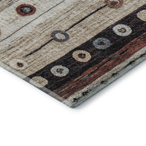 HomeRoots 5' X 8' Beige Striped Area Rug with Rust & Navy Blue Accents - Washable, UV-Protected & Pet-Friendly! 709554
