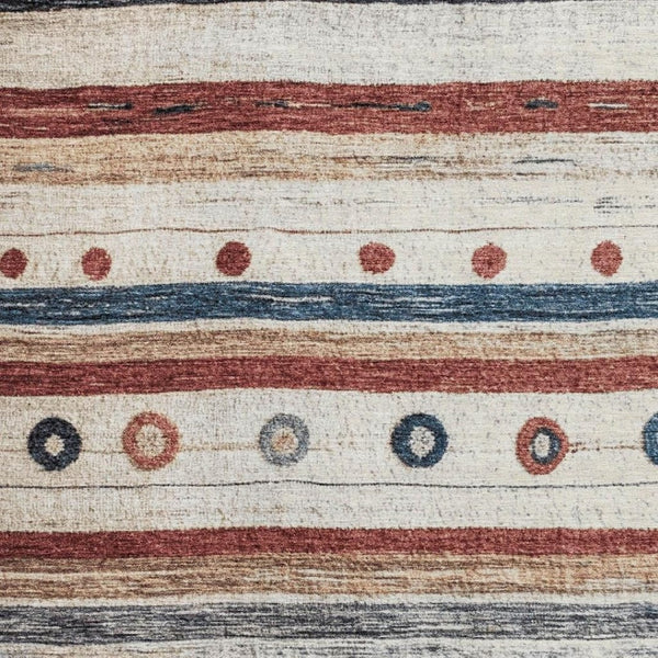 HomeRoots 5' X 8' Beige Striped Area Rug with Rust & Navy Blue Accents - Washable, UV-Protected & Pet-Friendly! 709554