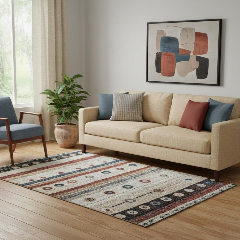HomeRoots 8' Washable Round Rug in Beige, Rust & Navy Stripes – Durable, UV-Protected, Easy-Care Design for Any Space 709555