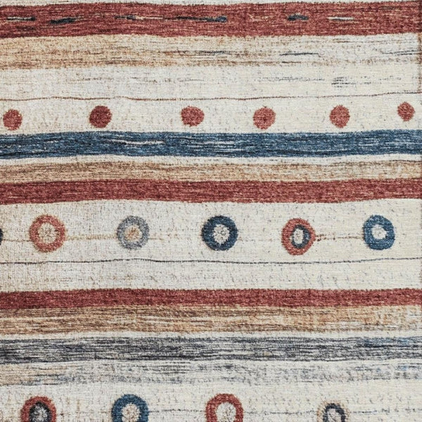 HomeRoots 8' Washable Round Rug in Beige, Rust & Navy Stripes – Durable, UV-Protected, Easy-Care Design for Any Space 709555