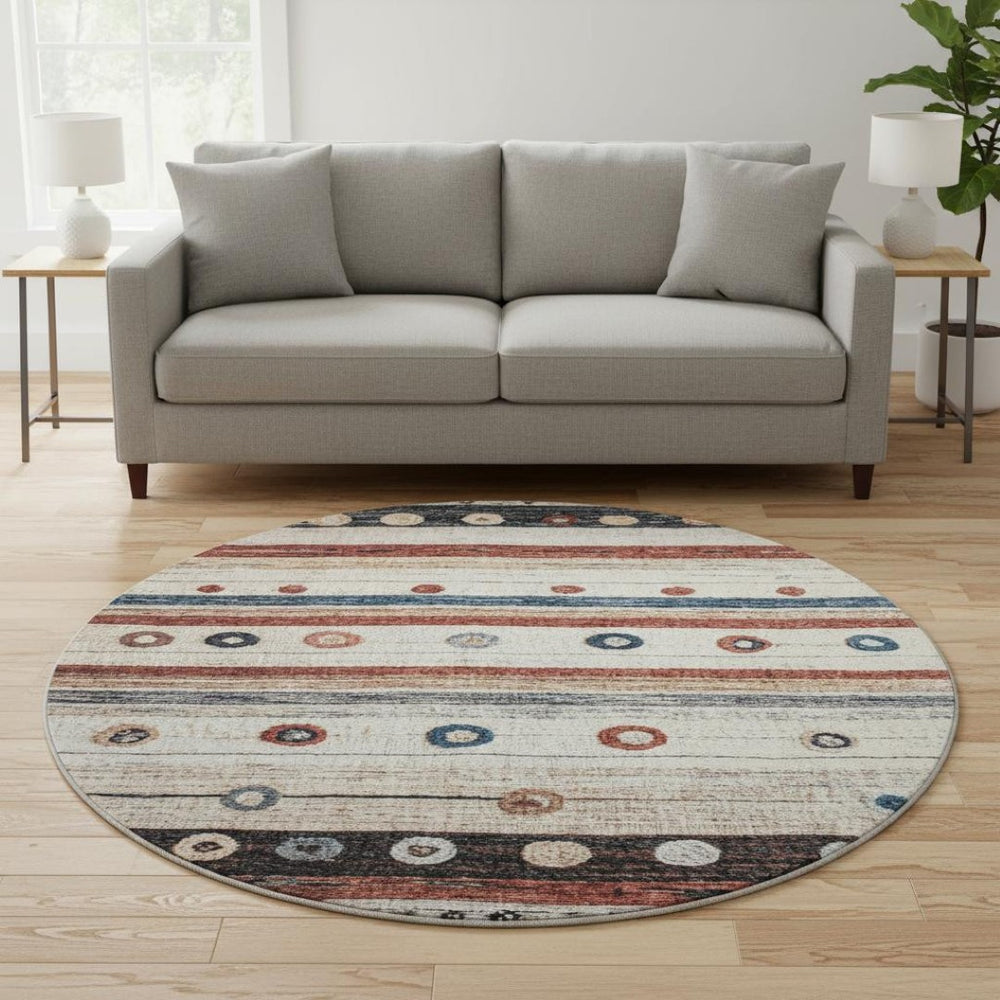 HomeRoots 8' X 10' Beige, Rust & Navy Striped Washable Area Rug - UV-Resistant, Durable for High-Traffic Spaces 709556