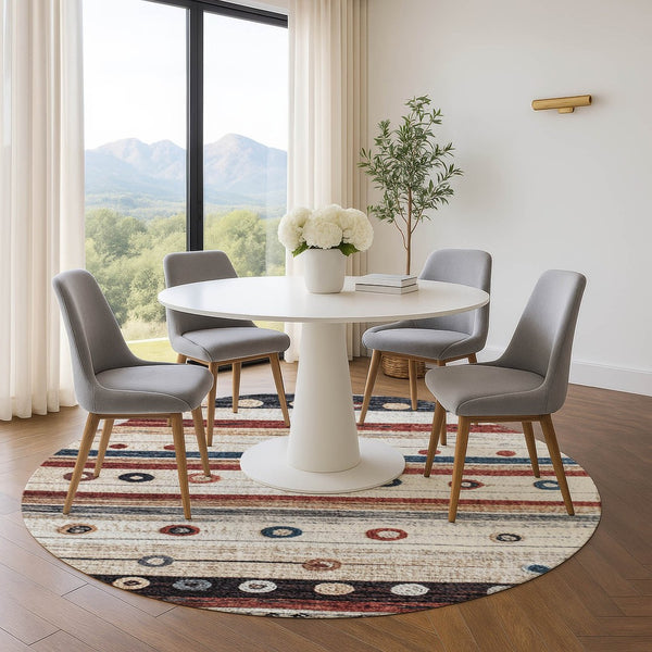 HomeRoots 8' X 10' Beige, Rust & Navy Striped Washable Area Rug - UV-Resistant, Durable for High-Traffic Spaces 709556