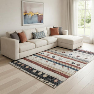 HomeRoots 9' X 12' Washable Beige Rug with Rust & Navy Stripes - UV Protected, Stain-Resistant & Stylish! 709557
