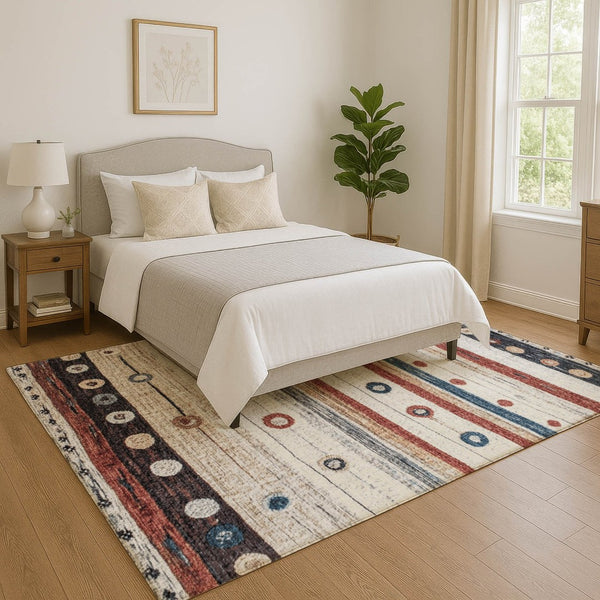 HomeRoots 9' X 12' Washable Beige Rug with Rust & Navy Stripes - UV Protected, Stain-Resistant & Stylish! 709557