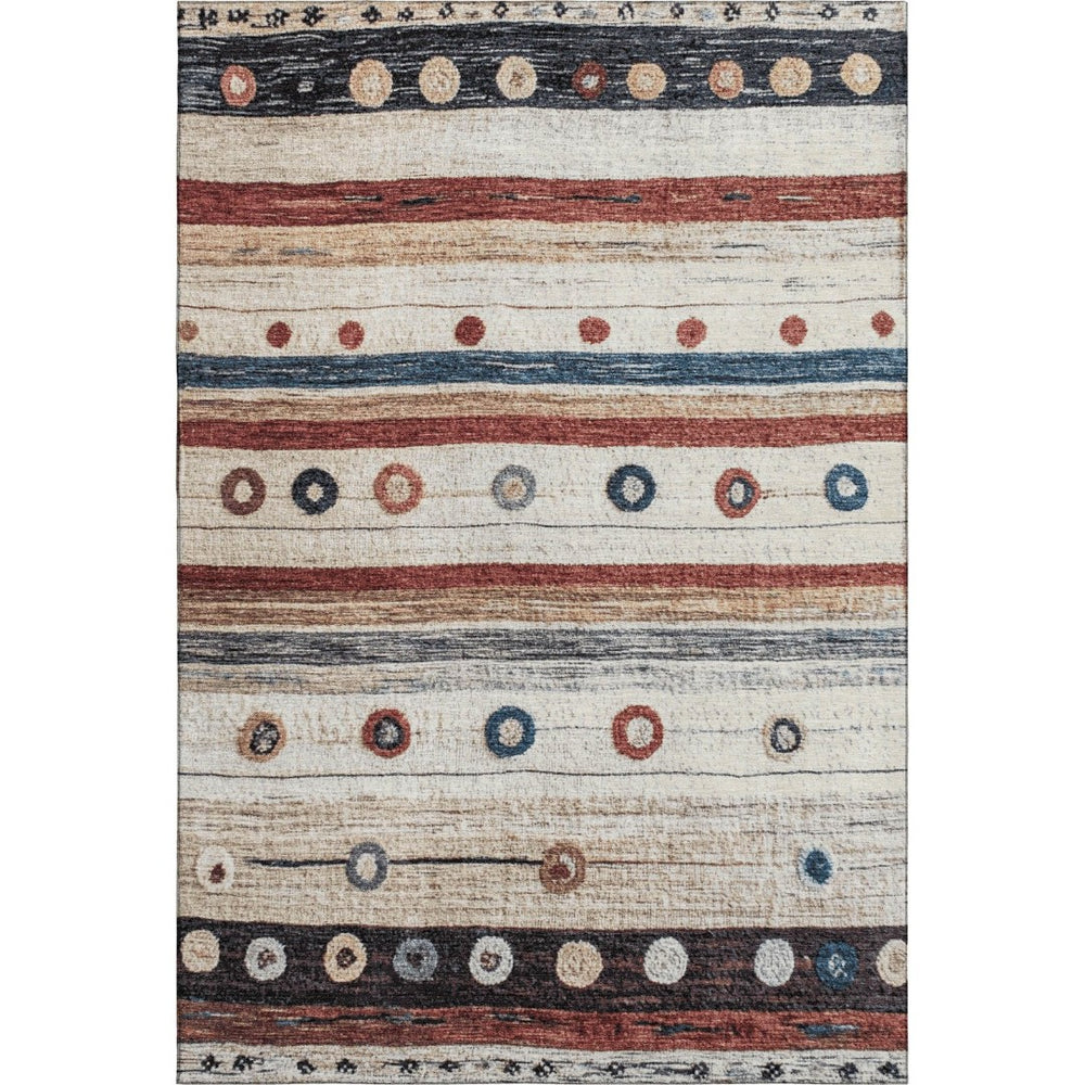 HomeRoots 9' X 12' Washable Beige Rug with Rust & Navy Stripes - UV Protected, Stain-Resistant & Stylish! 709557