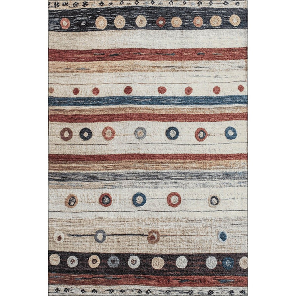 HomeRoots 9' X 12' Washable Beige Rug with Rust & Navy Stripes - UV Protected, Stain-Resistant & Stylish! 709557
