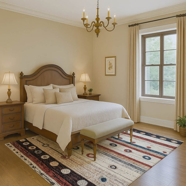 HomeRoots 9' X 12' Washable Beige Rug with Rust & Navy Stripes - UV Protected, Stain-Resistant & Stylish! 709557