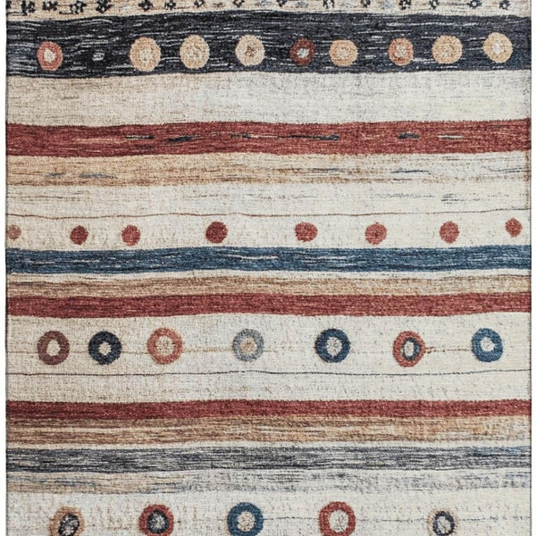 HomeRoots 9' X 12' Washable Beige Rug with Rust & Navy Stripes - UV Protected, Stain-Resistant & Stylish! 709557