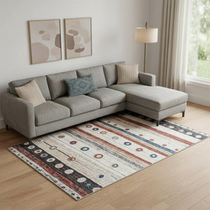 HomeRoots 10' X 14' Washable Area Rug in Beige, Rust & Navy Blue Stripes – UV Protection for Family Spaces 709558