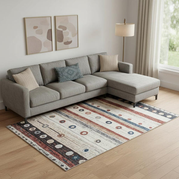 HomeRoots 10' X 14' Washable Area Rug in Beige, Rust & Navy Blue Stripes – UV Protection for Family Spaces 709558