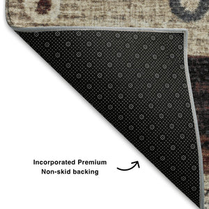 HomeRoots 10' X 14' Washable Area Rug in Beige, Rust & Navy Blue Stripes – UV Protection for Family Spaces 709558