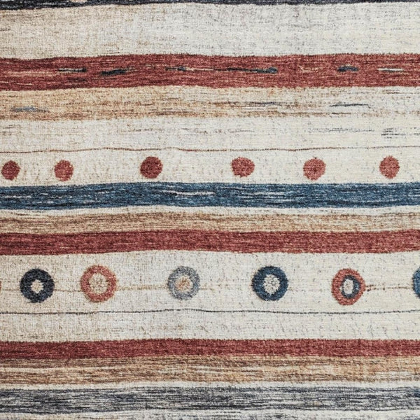 HomeRoots 10' X 14' Washable Area Rug in Beige, Rust & Navy Blue Stripes – UV Protection for Family Spaces 709558