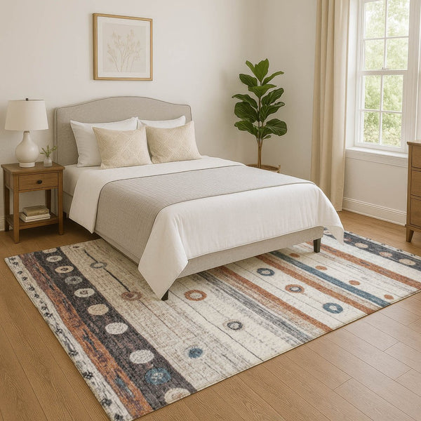 HomeRoots 5' X 8' Striped Area Rug in Copper, Ivory & Denim Blue - Machine Washable & UV-Protected Design 709560