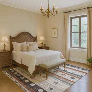 HomeRoots 5' X 8' Striped Area Rug in Copper, Ivory & Denim Blue - Machine Washable & UV-Protected Design 709560