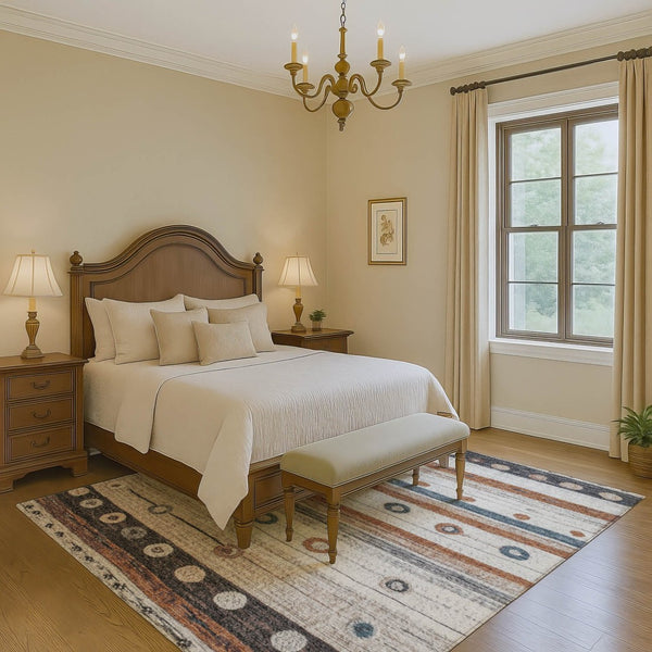 HomeRoots 5' X 8' Striped Area Rug in Copper, Ivory & Denim Blue - Machine Washable & UV-Protected Design 709560