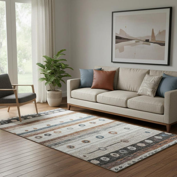 HomeRoots 8' Copper Ivory and Denim Blue Striped Washable Round Rug - Durable, UV-Protected & Stain Resistant! 709561