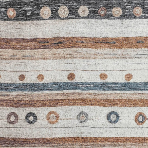 HomeRoots 8' Copper Ivory and Denim Blue Striped Washable Round Rug - Durable, UV-Protected & Stain Resistant! 709561