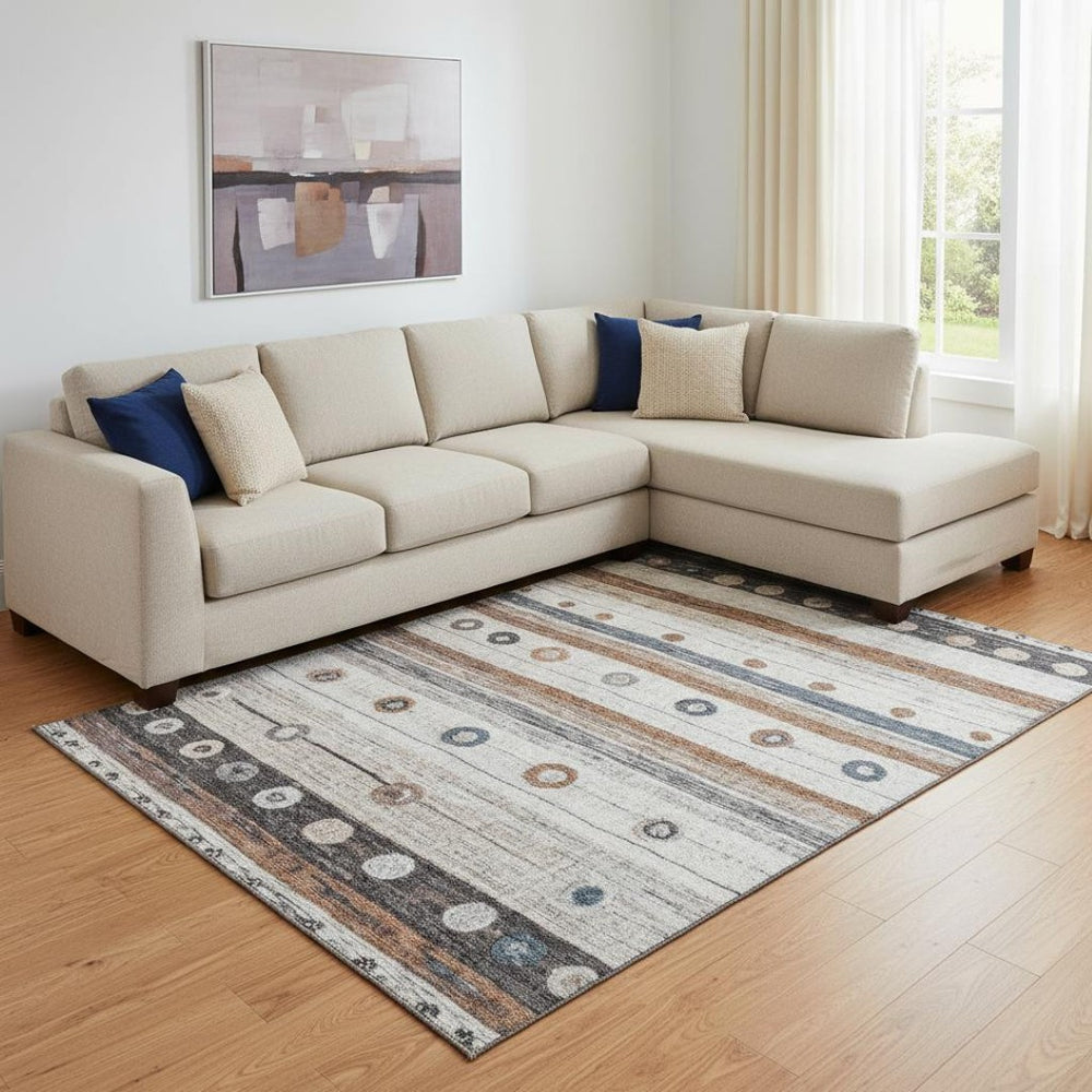 HomeRoots 9' X 12' Striped Washable Area Rug in Copper Ivory & Denim Blue - UV Protection for High-Traffic Spaces 709563